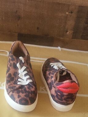 Betsey Johnson Leopard Print Sneakers with Red Lip Accent